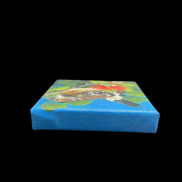 Original Bird Painting By L Peterson 4x4 Canvas Nature Scene With Red Flowers & - Picture 9 of 13